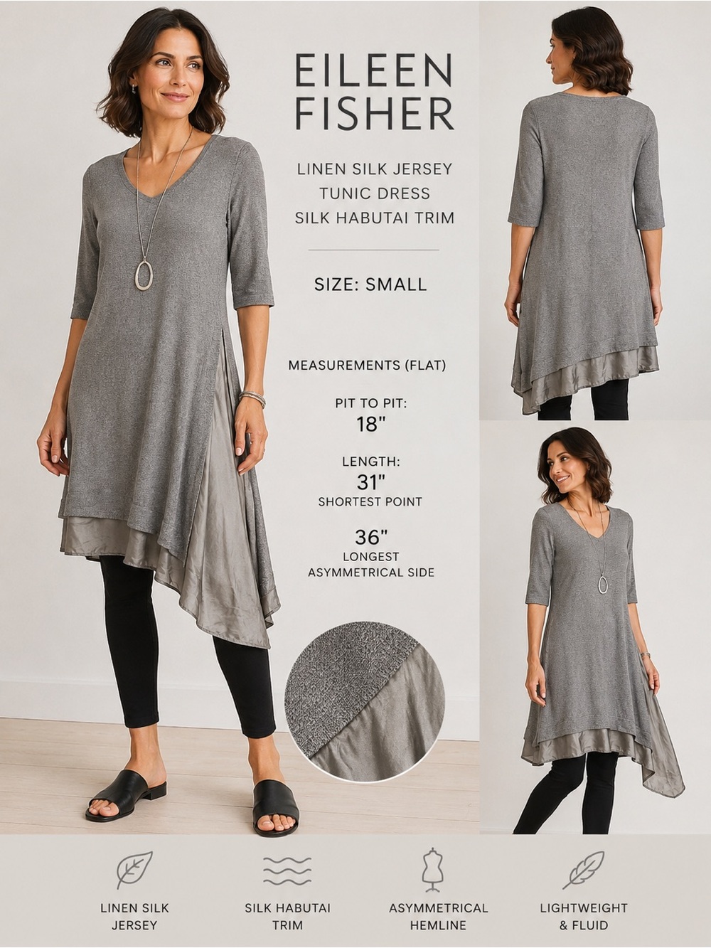 Eileen Fisher Linen Silk Jersey Tunic Dress Silk Habutai Trim Gray Small
